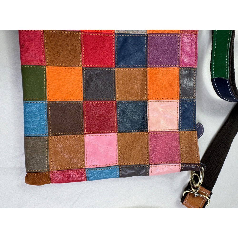 AmeriLeather Patchwork Leather Crossbody Bag Multicolor Whipstitch Hobo - Picture 14 of 16